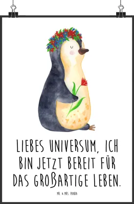 Produktbild von Mr. & Mrs. Panda Bild Pinguin Blumen DIN A2 - Weiß - Geschenk, Plakat, wanddeko, kunstdruck poster, Motivation, drucke, Positiv, Geschenkidee, Universum, Wandbild