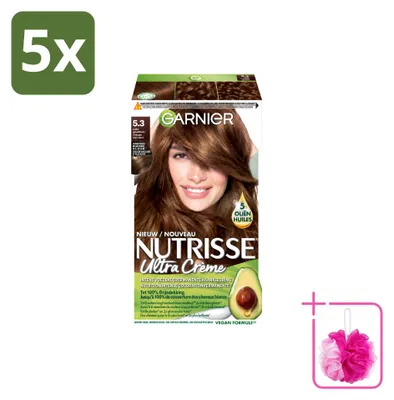 Obrázok produktu pre 5 ks Garnier Nutrisse Ultra Crème, farba na vlasy 5.3, svetlohnedá zlatá, balenie s výhodnou cenou - 5 kusov