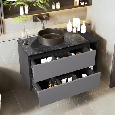 Image de OKWISH Meuble de Salle de Bain, Meuble sous Vasque avec Lavabo en Céramique et 2 Tiroirs, Rangement Pratique - MDF - Noir / Gris