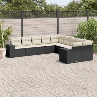 Produktbild von Design 10-tlg. Garten-Sofagarnitur mit Kissen Schwarz Poly Rattan, Gartenmöbel-Sets 2024 Neu