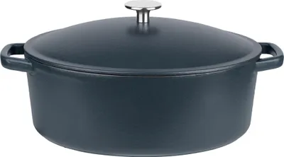 A dark gray cast iron pot with a silver lid handle is shown against a white background.