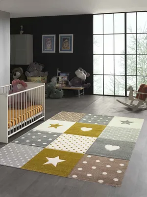 Produktbild von Kinderzimmer Spiel Teppich Herz Stern Punkte Design gold creme wei Größe - 80 x 150 cm