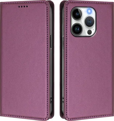 Produktbild von Handyhülle für iPhone 15 Pro, Kunstleder Klapphülle Stoßfeste Magnetische Hülle mit Ständer Lila