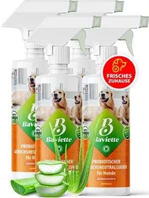 Zdjęcie produktu dla BAVIETTE Neutralizator zapachów dla psów, 4 x 500 ml, spray – neutralizuje nieprzyjemne zapachy dzięki mikroorganizmom, przeznaczony do legowisk, mebli i samochodów