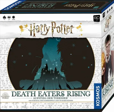 The image shows the front and side of a board game box for 'Harry Potter: Death Eaters Rising'.