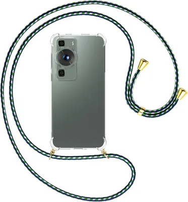 Produktbild von Handykette Backcover-Schutzhülle mit Band (Metall goldfarben) für Huawei P60 / P60 Pro (6.67'') - grün/blau/weiß