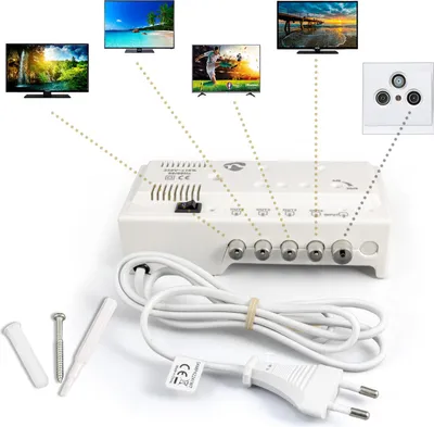 A white antenna amplifier with multiple input/output connectors and a power cord, shown with dotted lines connecting it to several televisions and a wall socket.