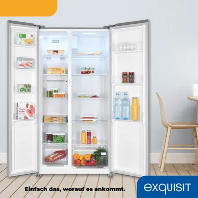Produktbild von Exquisit Side-by-Side-Kühlschrank, Kühl-Gefrierkombination, NoFrost, 442 Liter, Schnellgefrieren, Alarm, LED-Display, SBS46-040E inoxlook-az