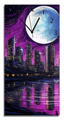 Produktbild von Wallario Design Wanduhr bedruckt, Größe 30 x 60 cm, Motiv: Mond über der Stadt