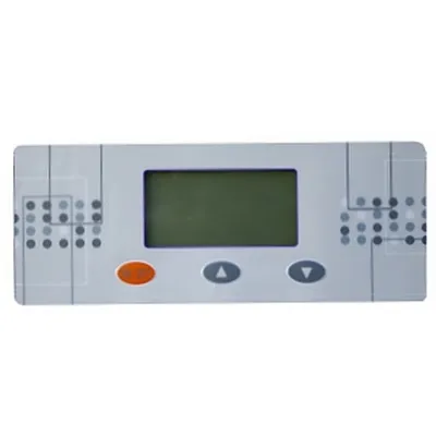 A close-up, front-facing view of a control panel with a digital display and buttons.