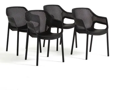 Immagine prodotto di Set di 4 sedie da esterno impilabili con braccioli in plastica rinforzata con fibra di vetro e schienale traforato, ideali per giardino, terrazza, bar e ristorante - Sofia/Nero