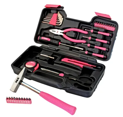 A pink and black tool kit is laid out on a white background.