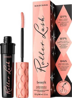 A product shot of Benefit Roller Lash Mascara and its packaging.