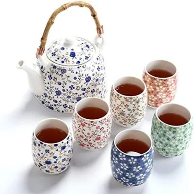 Productafbeelding van PromoHome® Vintage theeset met bloemenprint – Porseleinen theepot met zeef en 6 kopjes, 950 ml