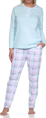 Produktbild von Edler Damen Schlafanzug langarm Pyjama mit karierter Hose aus Jersey - auch in Übergrössen ; hellblau , 56