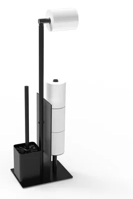 Image de Porte-papier hygiénique sur pied en acier inoxydable avec brosse de toilettes, porte-rouleaux de papier hygiénique avec tablette en verre (noir mat)