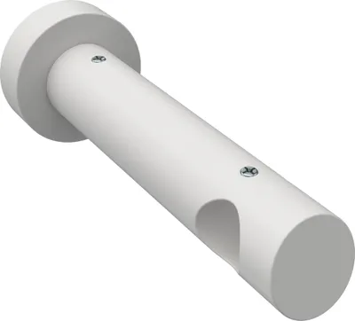 A white curtain rod bracket is shown against a white background.