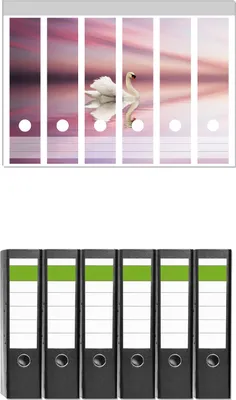 Produktbild von Wallario 6 Stück breite Ordner inkl. Klebeetiketten mit Motive Weißer Schwan im rosafarbenen See -  Set mit Rückenschildern / Ordnerrücken Stickern