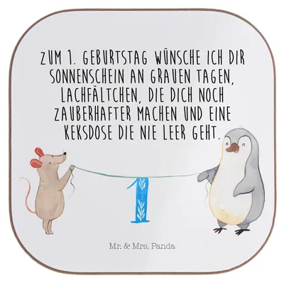 Produktbild von Mr. & Mrs. Panda Untersetzer Glas 1. Geburtstag Maus Pinguin - Weiß - Geschenk, Torte, Holzuntersetzer, Happy Birthday, Coaster, unterleger, gläseruntersetzer, Kuchen