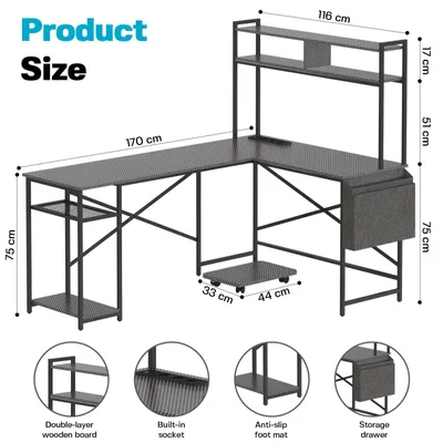 Productafbeelding van Zimilo L-vormig bureau met planken en stopcontacten, hoekbureau, computerbureau, kantoorbureau met monitorhouder en zijvak, 170x116 cm, zwart