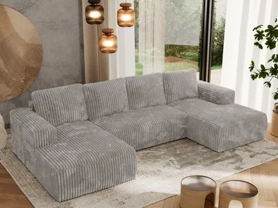 Produktbild von MKS MEBLE Sofa mit Schlaffunktion - Ecksofa mit Schlaffunktion und Bettkasten - Sofa 5 Sitzer - Schlafsofa - Couch - Schlafsofa mit Bettkasten - Trentino U - Hellgrau Cord