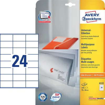 Zdjęcie produktu dla 240 etykiet AVERY Zweckform 6122 biały 70,0 x 36,0 mm
