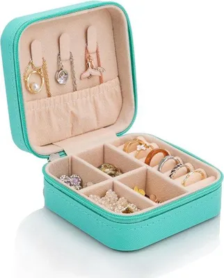 Produktbild von Kompakte blaue Reise-Schatbox für Damen mit idealer Aufbewahrung für Ringe, Ohrringe, Armbänder und Ketten, perfekt für Reisen und täglichen Gebrauch