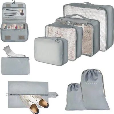Produktbild von Famanu Koffer Organizer Set 9-teilig - Packwürfel für Kleidung - Reiseorganizer - Wasserfeste Taschen - Grau