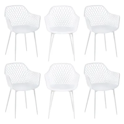 A set of six white chairs arranged in two rows on a white background.