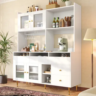 Produktbild von MODFU Vitrinen Hochschrank Sideboard mit Glastür für Wohnzimmer Aufbewahrungsmöbel Buffetschrank mit Weinglasregal für Küche, Weiß