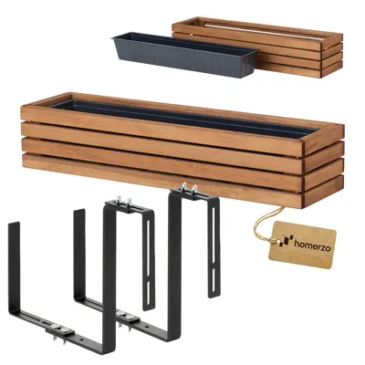 Produktbild von Holz Pflanzkasten Blumenkasten rechteckig – braun imprägniert, mit Kunststoff-Einsatz - Pflanzkübel für Balkon 86x23 H20 + Halter