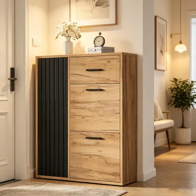 Produktbild von STILVORA Schuhschrank mit Schublade,Schuhregal mit schwarz Griffen,Aufwahrungsschrank mit verstellbaren Regalen,schwarz+natur