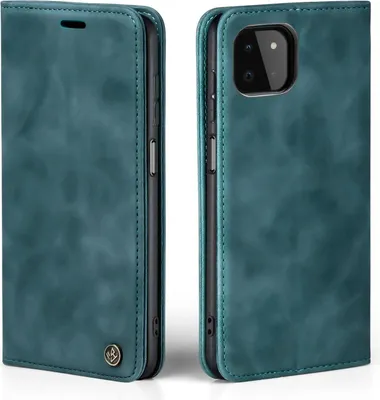 A teal flip case for a smartphone is shown from two angles.