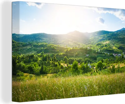 Produktbild von OneMillionCanvasses® - Leinwandbilder - 150x100 cm, Wald - Landschaft - Sonne - Natur - Sonnenaufgang, Wandbilder Kunstdruck Wanddekoration - Foto auf Leinwand - Gemälde auf