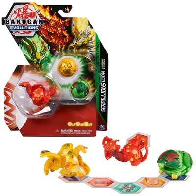 Immagine prodotto di Starter Pack Bakugan "Evolutions" con 3 palline (Ultra Pyrus Serpillious, Basic Ventus Hydorous, Basic Aurelus Pegatrix), trottola, 6 anni