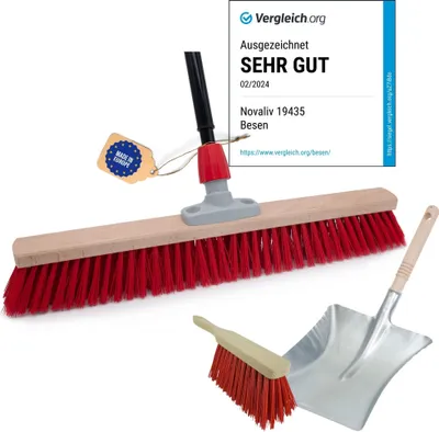 Produktbild von Novaliv Straßenbesen Set 80 cm I Besen Kehrschaufel und Handfeger Teleskopstiel I Elaston rot I mit Stiel ausziehbar I Industriebesen Kehrbesen Gartenbesen Hofbesen