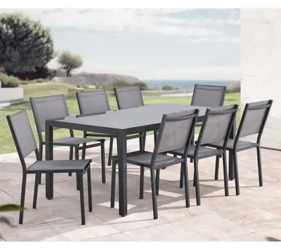 Produktbild von SABAIDECO Gartenset für 8 Personen: Rechteckiger Esstisch 180x90 cm (Alu + Sicherheitsglas) mit 8 Stühlen, grau