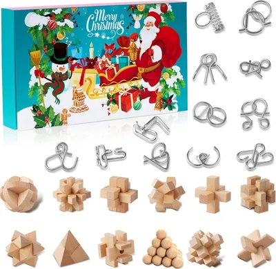 Produktbild von Knobelspiele Adventskalender 2024 - Metall Knobelei & Holz Rätsel, IQ Puzzle für Kinder & Erwachsene