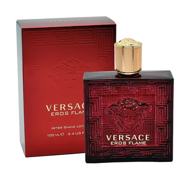 A red bottle of Versace Eros Flame aftershave lotion and its matching red box are displayed against a white background.
