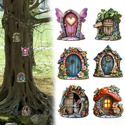 Image de Porte de fée décorative - Porte miniature en bois - Lot de 6 - Décoration 2D pour jardin