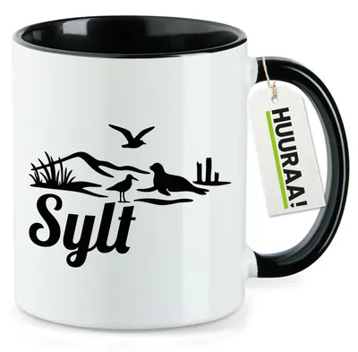 Produktbild von Huuraa Kaffeetasse Sylt Strandmotiv 330ml Schwarz Keramik Kaffeebecher Geschenkidee
