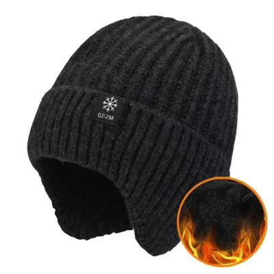 Produktbild von Herbst-/Wintermütze, dicker Plüsch, elastisch, gestrickt, weich, warm, Kuppel, rutschfest, Uni, einfarbig, Ohrenschutz, winddicht, warm, weiche Fahrradmütze, Schwarz