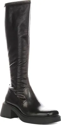 A black knee-high boot with a block heel and square toe, shown against a white background.