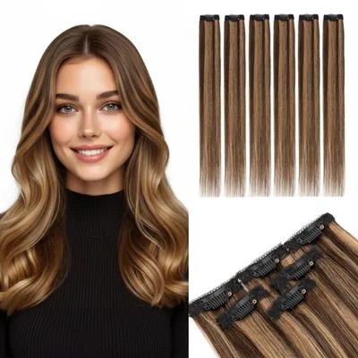 Immagine prodotto di Clip-in per extension di capelli naturali, 6 pezzi, 25 cm, marrone scuro/marrone chiaro