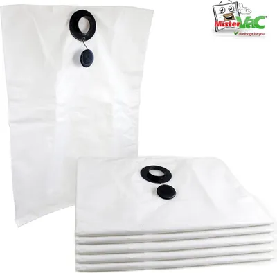A stack of white vacuum cleaner bags with black fittings and a single vacuum cleaner bag standing upright.