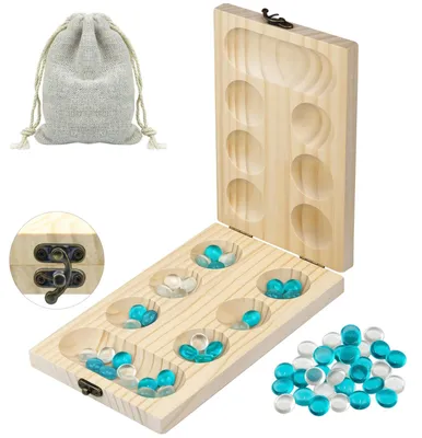 Obrázek produktu pro Mancala, desková hra, kamínková hra, Kalaha, strategická hra, dřevěná, průhledný kámen