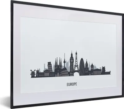 Produktbild von MuchoWow® MuchoWow® Gerahmtes Poster Europa - Skyline - Schwarz - Weiß 40x30 cm - Poster mit zchwarzem Bilderrahmen - Bilderrahmen - Poster im Rahmen