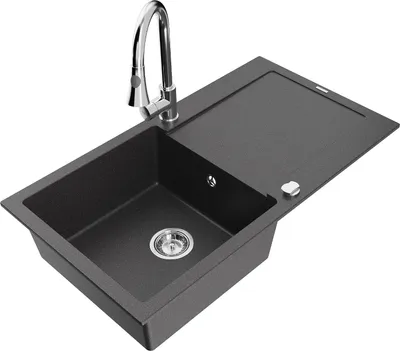 Produktbild von Mexen Leo 1 Becken-Granitspüle mit Abtropffläche und Mischbatterie Elia, Schwarz gesprenkelt - 6501-76-670101-00