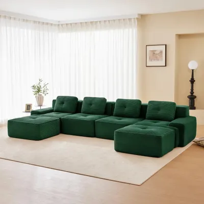 Immagine prodotto di Divano modulare a forma di "U" per 4 persone, senza struttura a vista, rivestito in corda, imbottitura morbida, antiscivolo, colore verde