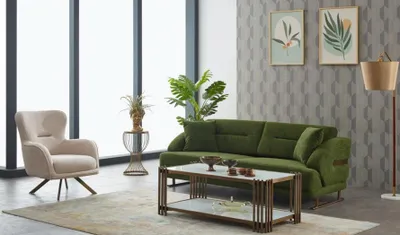 Produktbild von Polstersofa Couchgarnitur Dreisitzer Sessel Grün Couch Stoffsofa 2tlg